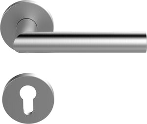 Edelstahl-Türdrücker mit mattem Finish, ergonomischer Form und beidseitiger Montageoption.