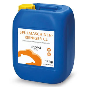 Blauer 12kg Kanister Spülmaschinenreiniger TAPIRA plus mit gelbem Verschluss.