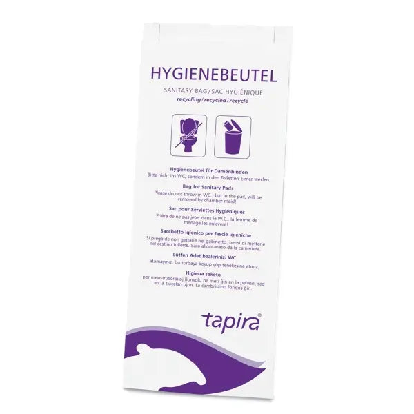 TAPIRA Hygienebeutel aus Papier mit Aufdruck und Symbolen zur Entsorgung.