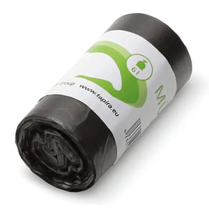 Eine Rolle grauer TAPIRA Müllbeutel mit 6L Fassungsvermögen.