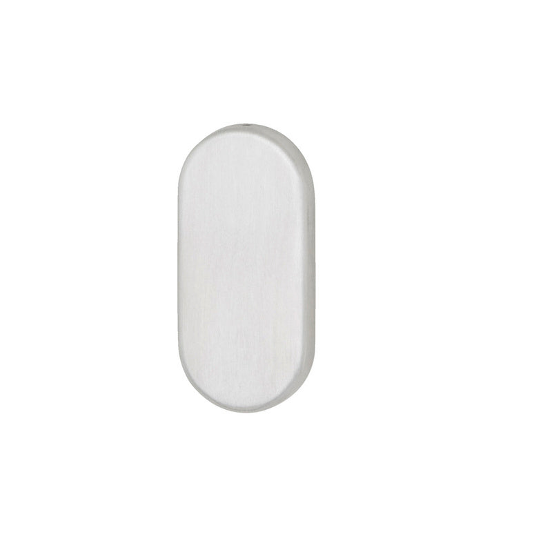 Ovaler Türdrücker aus Edelstahl für Rohrrahmentüren mit rosaner Rosette und Blindfunktion.