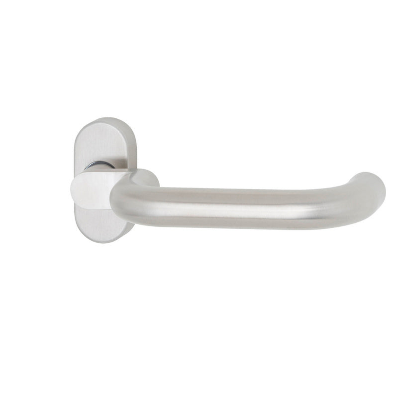 Edelstahl-Türdrücker mit mattem Finish, ovalem Design und ergonomischem Griff für Rohrrahmentüren.