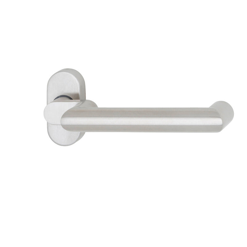 Edelstahl-Türdrücker mit mattem Finish, geeignet für Rohrrahmentüren, ergonomisch geformt.