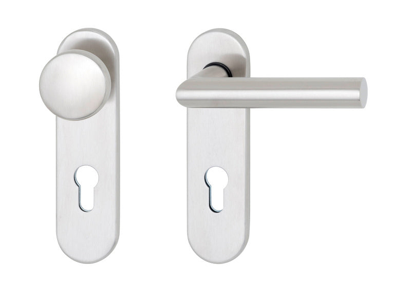 Edelstahl-Türdrücker TD-A2-A505-WE-K mit ergonomischem Griff und glatter, hygienischer Oberfläche.