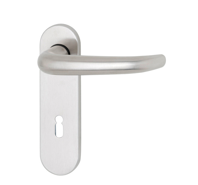 Edelstahl-Türdrücker TD A2 A510 K BB mit modernem Design und ergonomischer Form für öffentliche Gebäude.