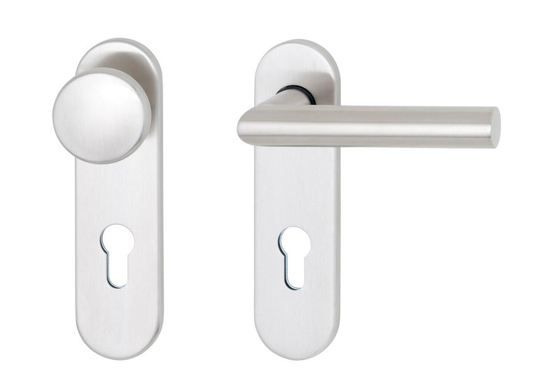 Türdrücker aus Edelstahl mit matter Oberfläche für Brandschutz- und Paniktüren, links und rechts montierbar