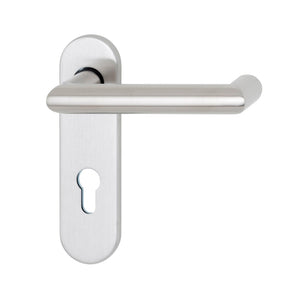 Mattierter Edelstahl-Türdrücker für Brandschutz- und Paniktüren mit ergonomischem Design.