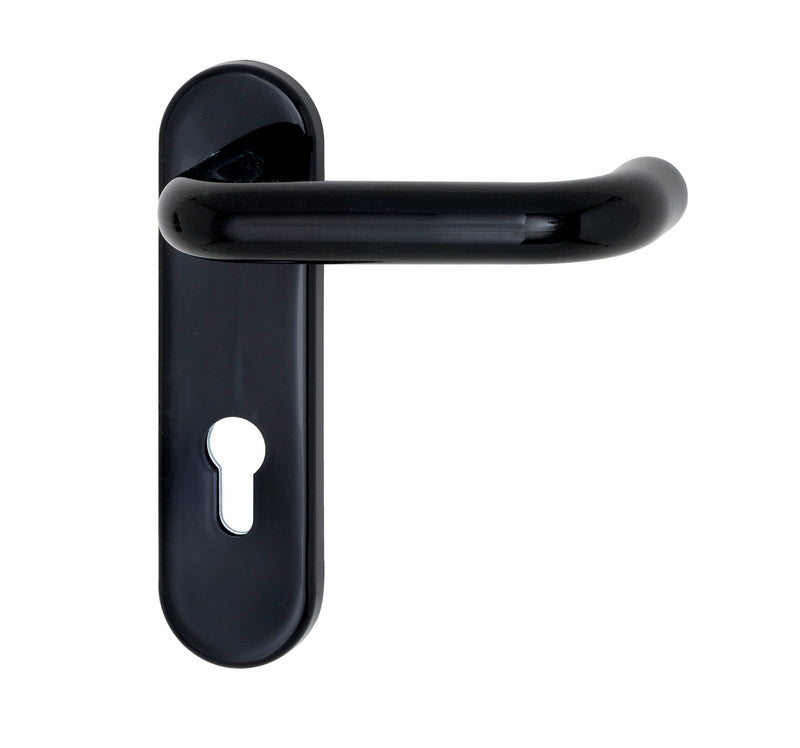 Schwarzer Türdrücker aus Polyamid für Brandschutz- und Paniktüren mit ergonomischem Design.