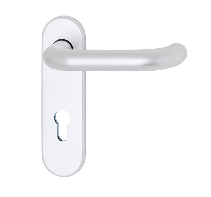 Türdrücker aus eloxiertem Aluminium für Brandschutz- und Paniktüren in Silber.