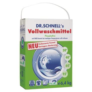 Dr. Schnell Vollwaschmittel 6.4kg Tragekarton effektives Vollwaschmittel für schonende und gründliche Reinigung bei niedrigen Temperaturen