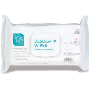 Packung mit 60 DESOsurFIX WIPES Desinfektionstüchern, 20x22 cm, im Flowpack.