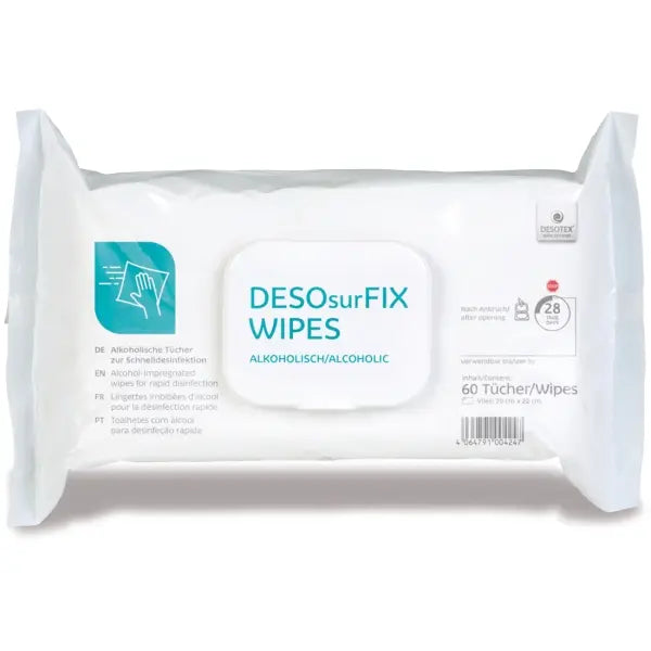 Packung mit 60 DESOsurFIX WIPES Desinfektionstüchern, 20x22 cm, im Flowpack.