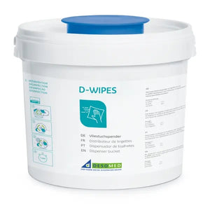 D-WIPES Vliestuchspender in weiß mit blauem Deckel und Tragegriff.