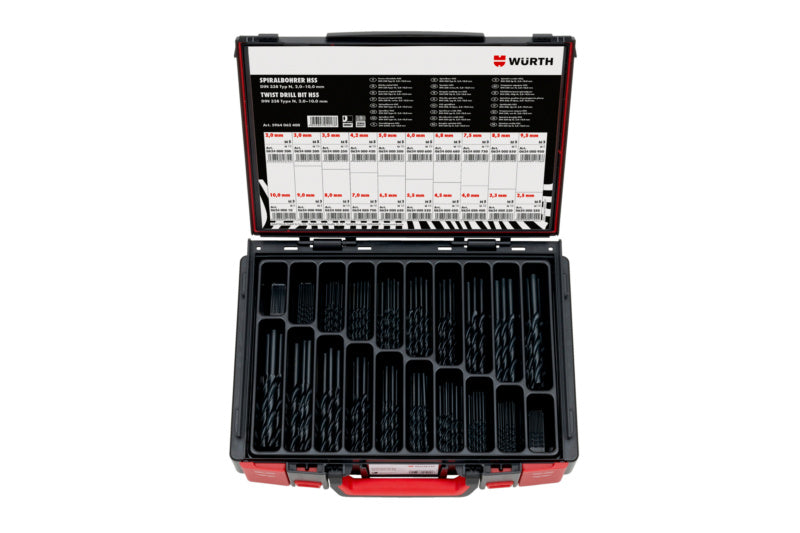 Spiralbohrer Metall Sortiment im Koffer mit verschiedenen Größen nach DIN338 Norm.
