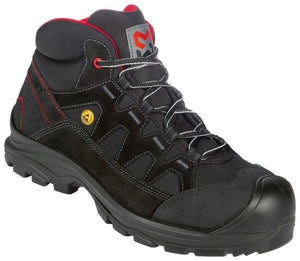 Schwarze Sicherheitsstiefel S3 mit rutschfester Sohle und durchtrittsicherer Verstärkung.