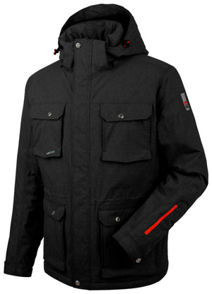 Wetterschutzjacke PARKA NATURE in Teerschwarz mit verstellbarer Kapuze und mehreren Taschen.