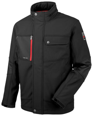 Schwarze Softshell-Arbeitsjacke mit mehreren Taschen und modernem, funktionalem Schnitt.