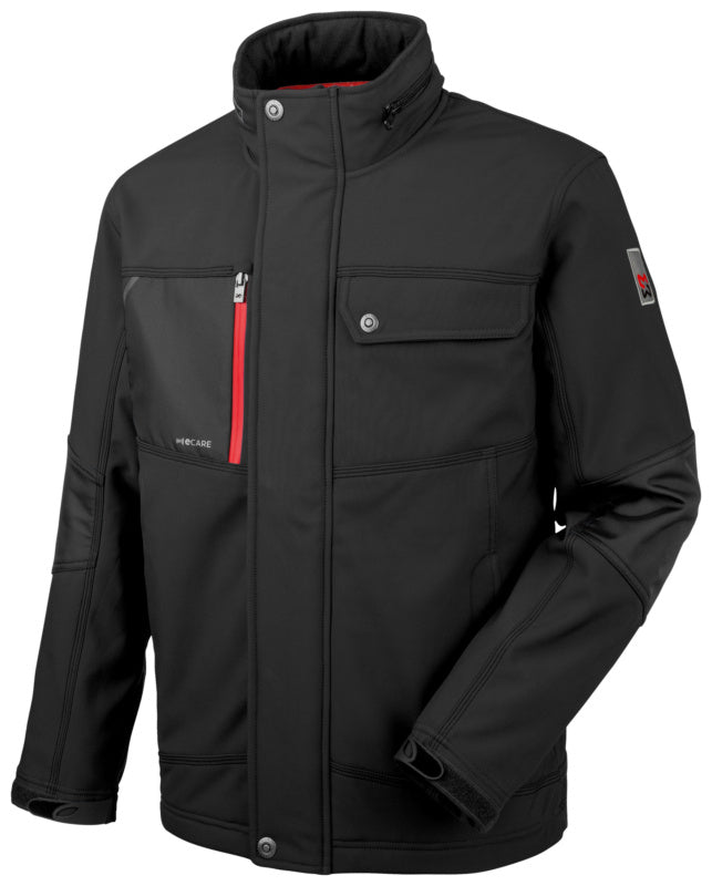 Schwarze Softshell-Arbeitsjacke mit mehreren Taschen und modernem, funktionalem Schnitt.