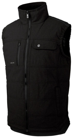 Schwarze gefütterte Arbeitsweste mit mehreren funktionalen Taschen und modernem Design.