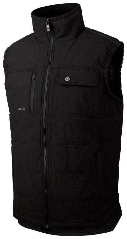 Schwarze gefütterte Arbeitsweste mit mehreren funktionalen Taschen und modernem Design.