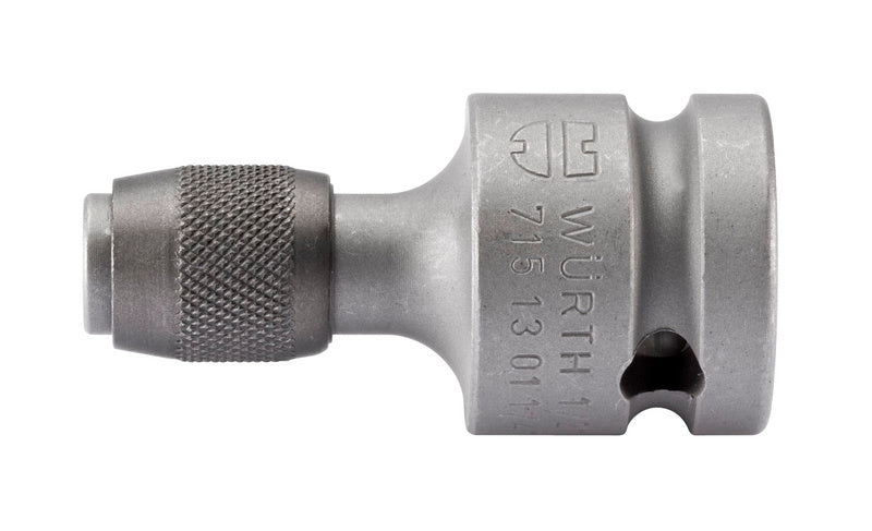 A metal adapter bit with a hexagonal shape for connecting drill bits.
