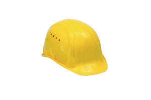 Gelber Schutzhelm für Bau und Industrie mit verstellbarem Kopfband und Lüftungsöffnungen.