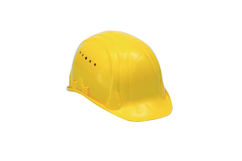 Gelber Schutzhelm für Bau und Industrie mit verstellbarem Kopfband und Lüftungsöffnungen.