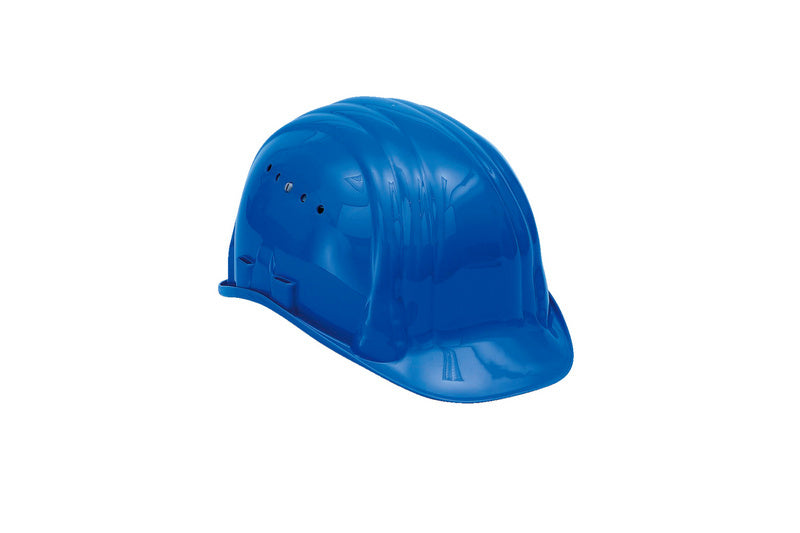 Blauer Schutzhelm SHTZHELM-BAUMEISTER-DRHB mit Belüftungssystem und einstellbarem Kinnriemen.