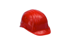 Roter Schutzhelm SHTZHELM-BAUMEISTER mit verstellbarem Riemen und atmungsaktivem Innenfutter.