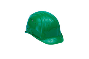 Leuchtend grüner Schutzhelm mit verstellbarem Innenfutter und belüftetem Design.