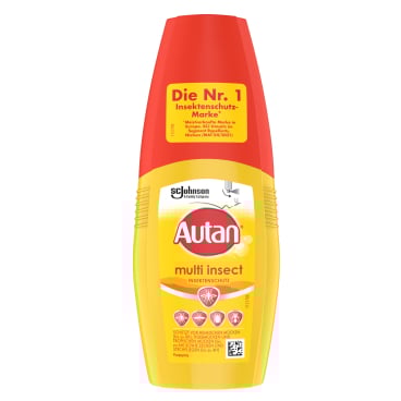 Autan Multi-Insect Insektenschutz Spray in einer gelben und roten 100ml Sprühflasche.
