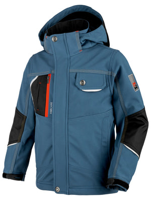 Blauer Arbeitskapuzenpullover aus Softshell für aktive Kinder mit Kapuze und Fronttasche.
