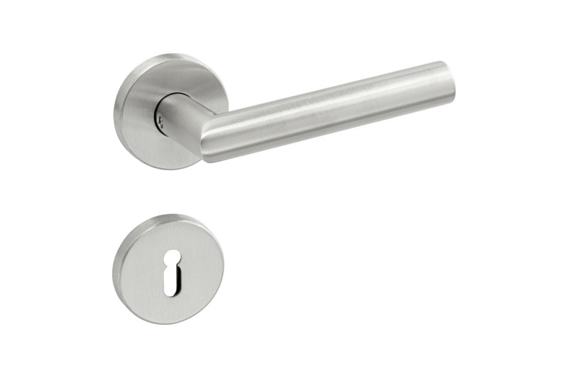 Edelstahl-Türdrücker mit CLICK-Technologie für einfache Montage und modernes Design.