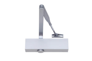 Silberner Türschließer mit Scherengestänge für sanftes und sicheres Türschließen