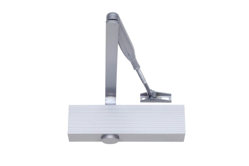 Silberner Türschließer mit Scherengestänge aus robustem Material für leises Türschließen.