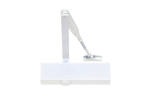 Weißer Türschließer mit Scherengestänge, geeignet für verschiedene Türgrößen und -gewichte.