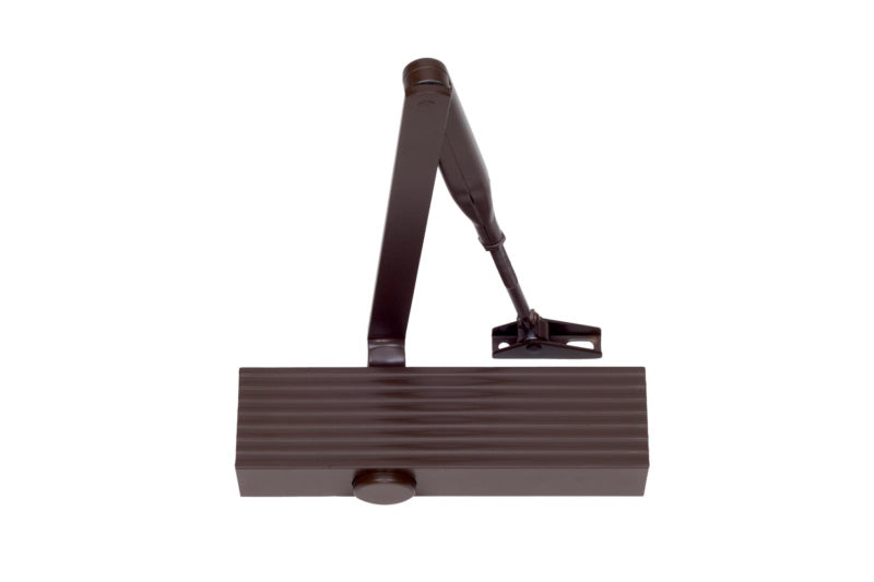 Brauner Türschließer mit Scherengestänge, stabil und elegant, für sanftes Schließen von Türen.