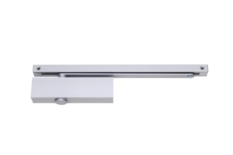 Silberne Türschließer-Gleitschiene mit modernem Design und einfacher Montage für Innentüren.