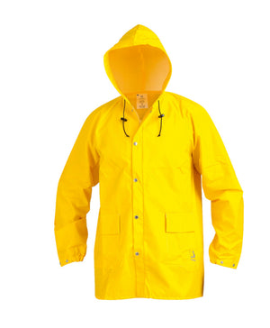 Leuchtend gelbe Wetterschutzjacke EN 343 Bau mit Kapuze und reflektierenden Elementen, Größe M.
