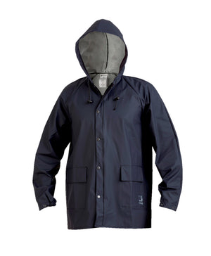 Leuchtend gelbe Wetterschutzjacke EN 343 mit Kapuze und reflektierenden Elementen in Größe M.