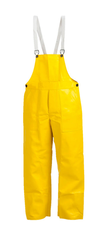Gelbe Wetterschutzhose aus PU, wasserdicht, winddicht, mit elastischem Bund und verstellbaren Trägern.
