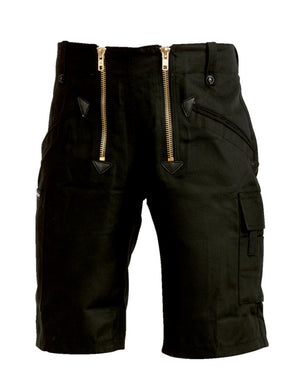 Schwarze Arbeitsshorts aus robustem Canvas mit mehreren Taschen und elastischem Bund.
