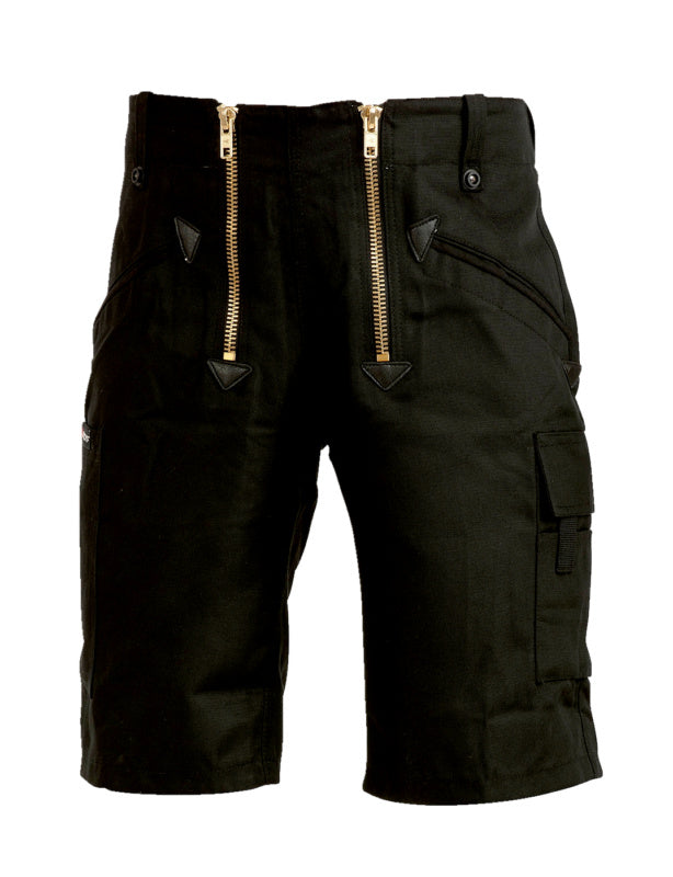 Schwarze Arbeitsshorts aus robustem Canvas mit mehreren Taschen und elastischem Bund.