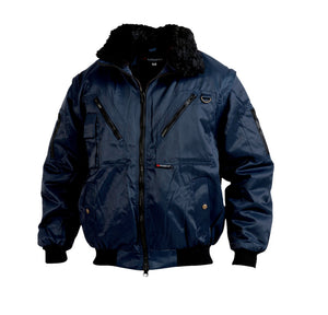 Dunkelblaue Wetterschutzjacke mit Reißverschluss, hohem Kragen und elastischen Bündchen.