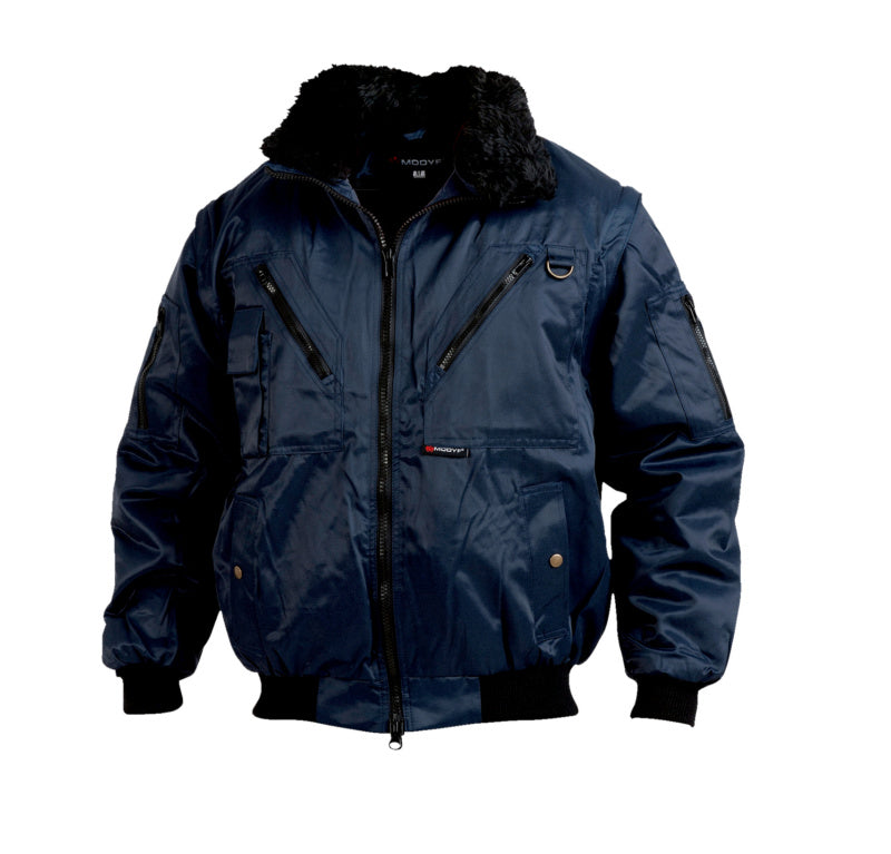 Dunkelblaue Wetterschutzjacke mit Reißverschluss, hohem Kragen und elastischen Bündchen.