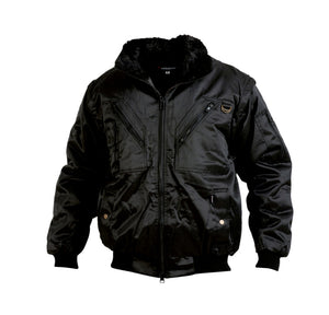 Schwarze Wetterschutzjacke mit reflektierenden Elementen, verstellbaren Bündchen und Taschen.