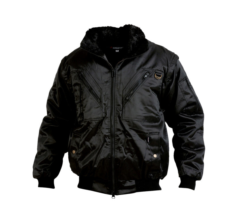 Schwarze Wetterschutzjacke mit reflektierenden Elementen, verstellbaren Bündchen und Taschen.