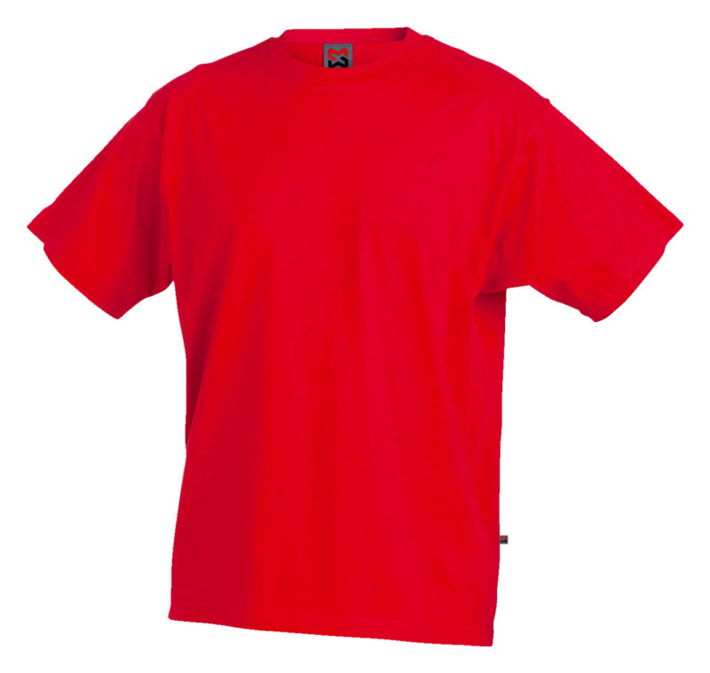 Arbeitsshirt in leuchtendem Rot mit Rundhalsausschnitt und verstärkten Nähten aus 100% Baumwolle.