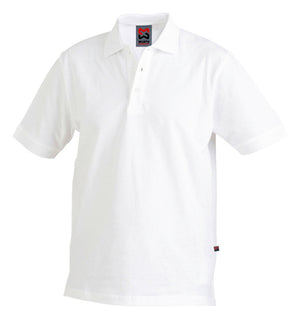 Weißes Arbeitspoloshirt mit klassischem Kragen und Knopfleiste, aus atmungsaktivem Material.