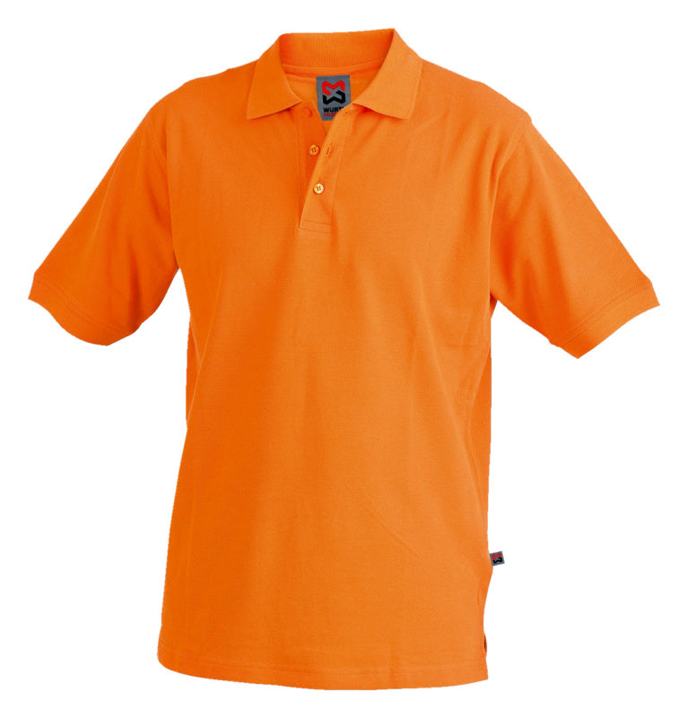 Leuchtend orangefarbenes Arbeitspoloshirt mit klassischem Polokragen und Seitenschlitzen.